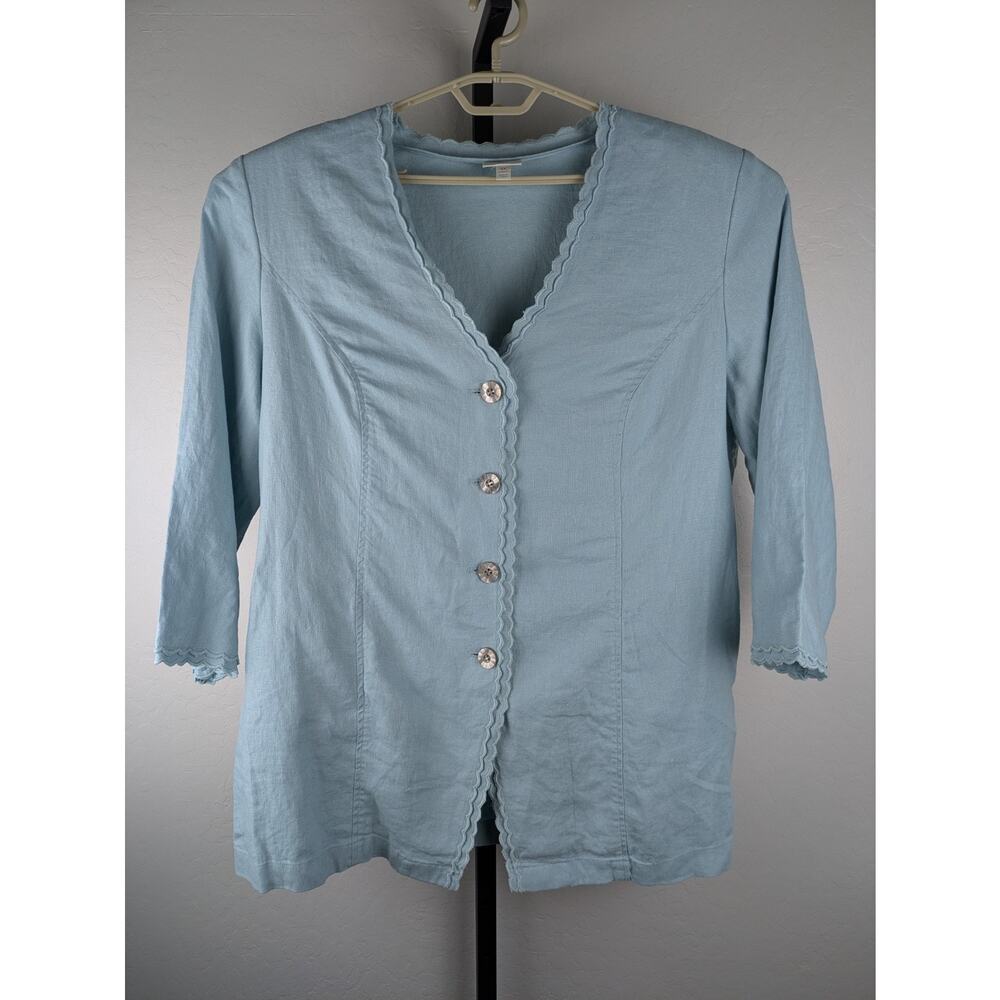 J. Jill Blue Linen Button Front Jacket V-neck Scallop Trim